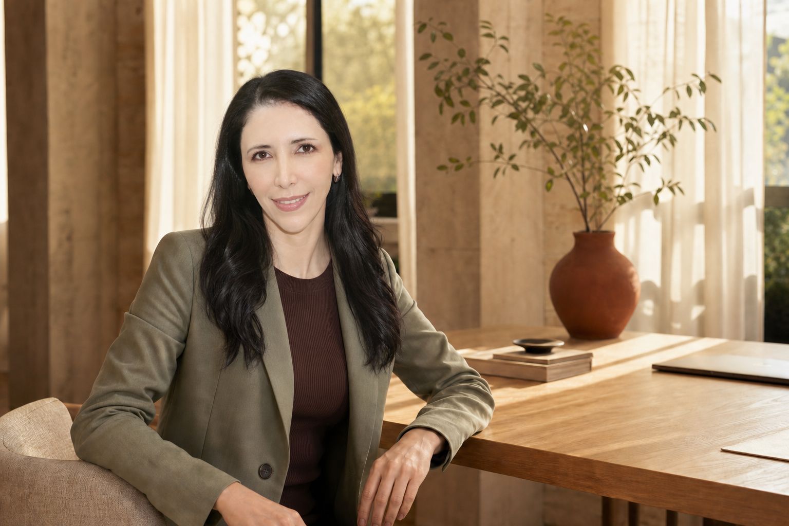 La Dra. Lorena Re sentada junto a un escritorio de madera en un consultorio luminoso.