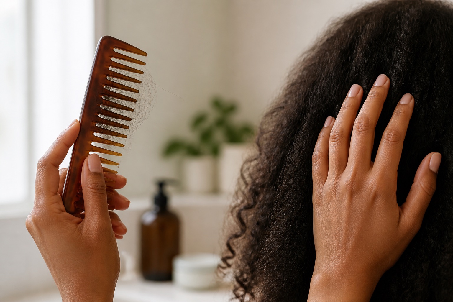 Mano con un peine de dientes anchos y algunos cabellos sueltos junto a cabello oscuro, sin mostrar el rostro.
