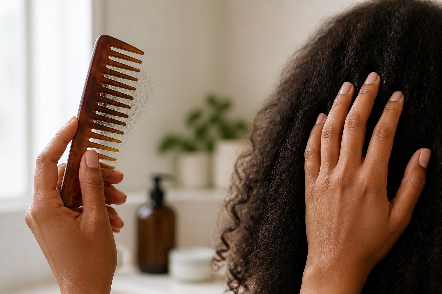 Mano con un peine de dientes anchos y algunos cabellos sueltos junto a cabello oscuro, sin mostrar el rostro.