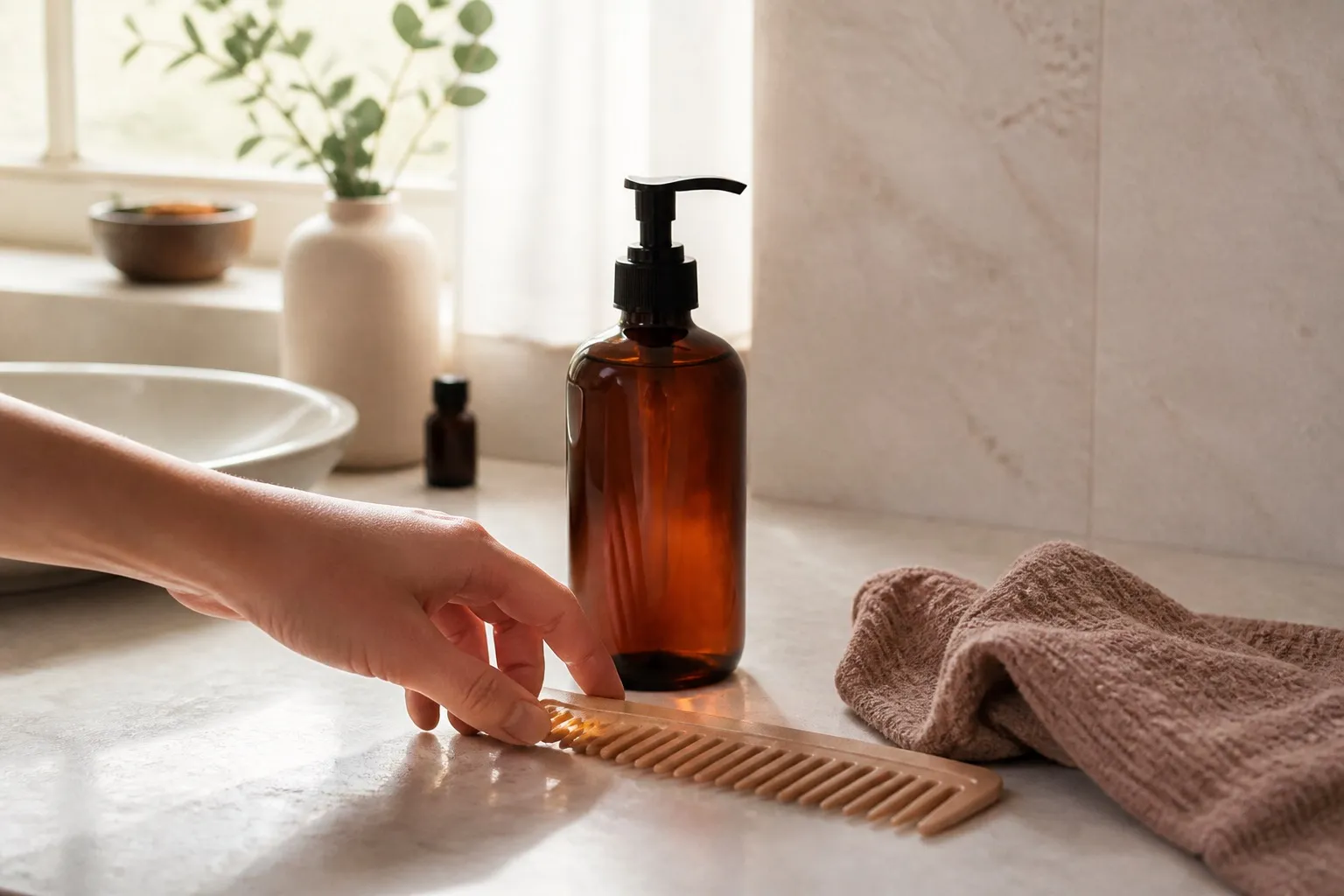 Peine de dientes anchos, toalla y envase de shampoo sin marca sobre una superficie clara.