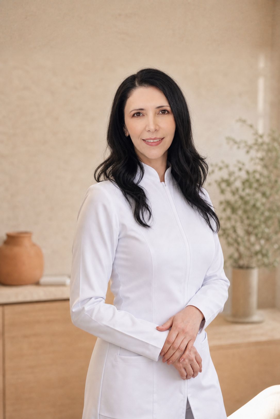 La Dra. Lorena Re con chaqueta blanca, de pie en un consultorio con luz natural.