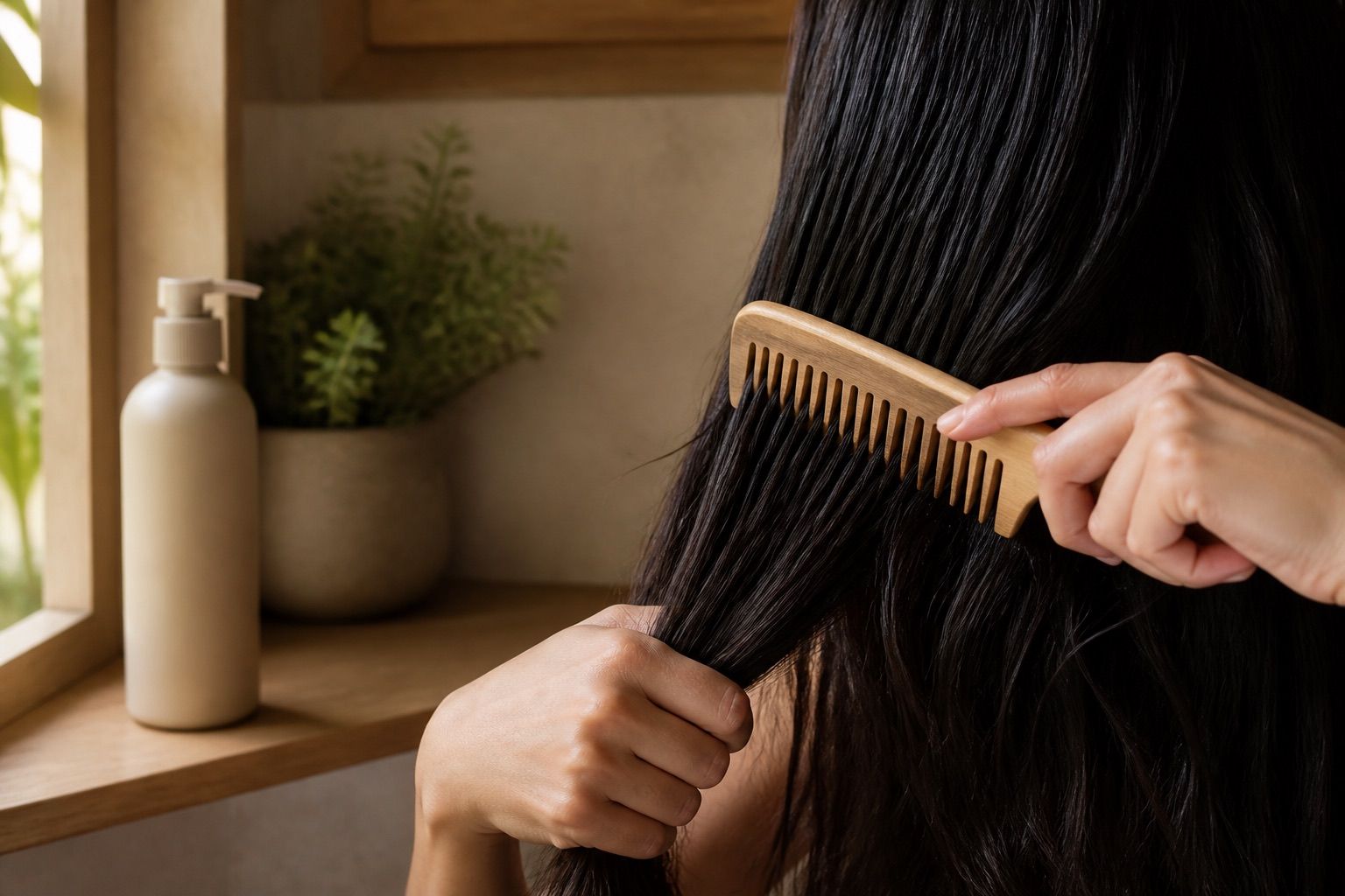 Manos peinando cabello oscuro con un peine de dientes anchos junto a un envase sin marca.