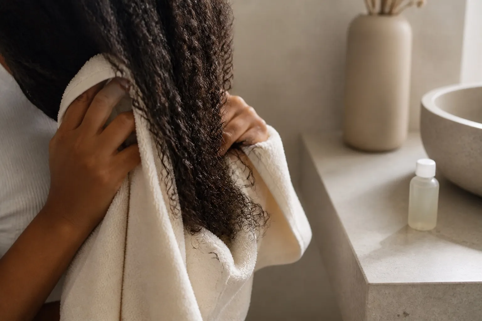 Manos sosteniendo una toalla de algodón alrededor de cabello recién lavado junto a un frasco sin marca.