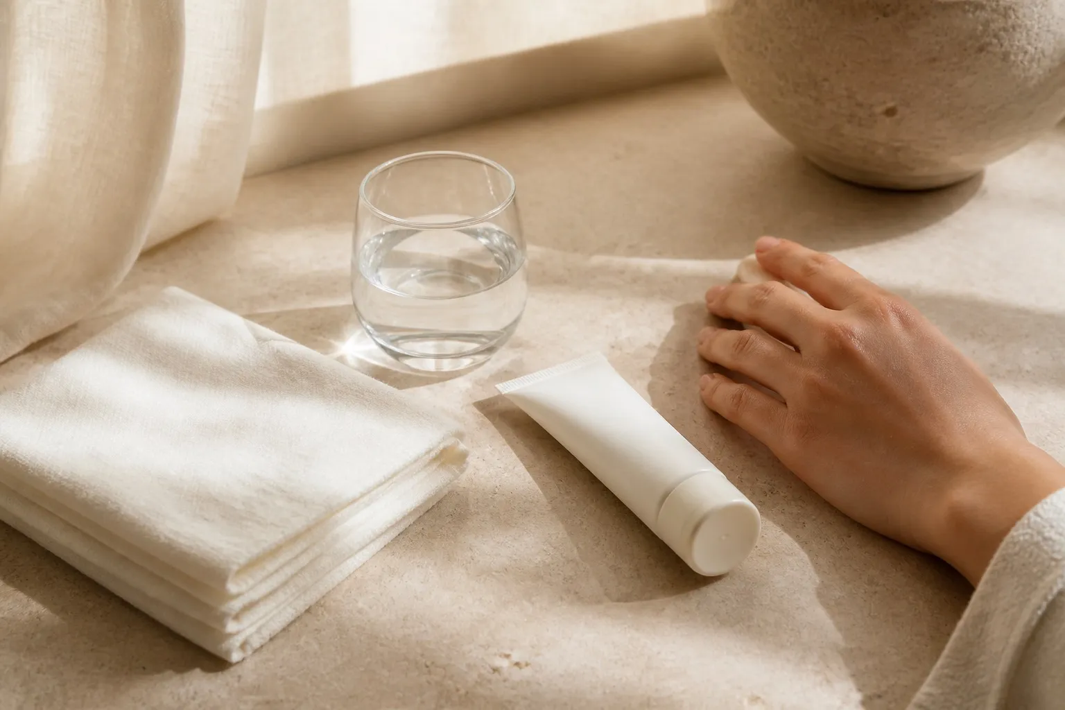 Paño de algodón, vaso de agua, crema sin marca y una mano descansando sobre lino color crema.