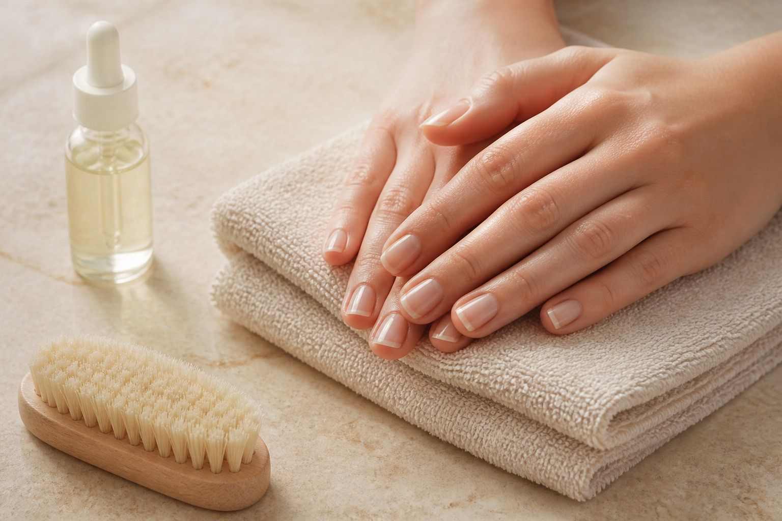 Manos con uñas naturales descansando sobre una toalla de algodón junto a un cepillo de uñas sin marca.