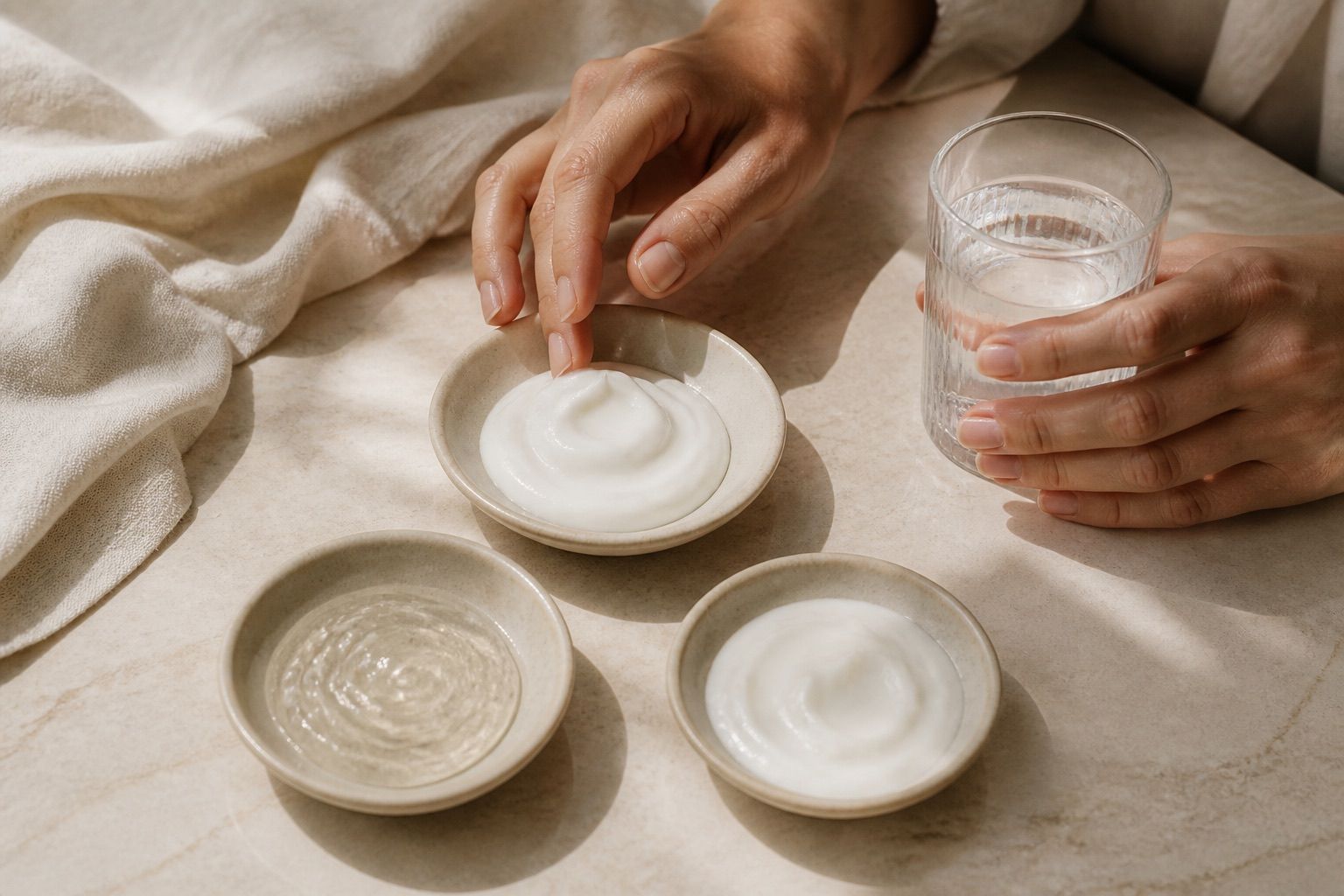 Texturas de crema en recipientes de cerámica neutra junto a una mano y un vaso de agua.