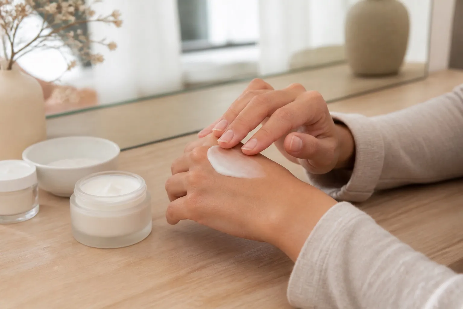 Manos aplicando una pequeña cantidad de crema sobre el dorso de la mano junto a frascos sin marca.