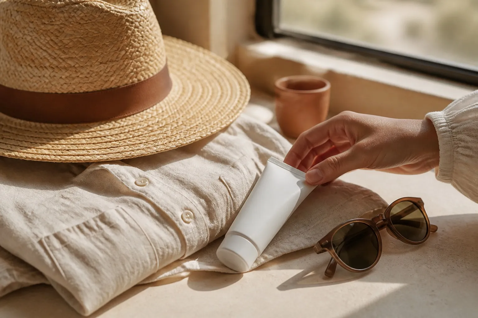 Sombrero de ala ancha, camisa de lino, gafas y protector solar sin marca junto a una ventana.