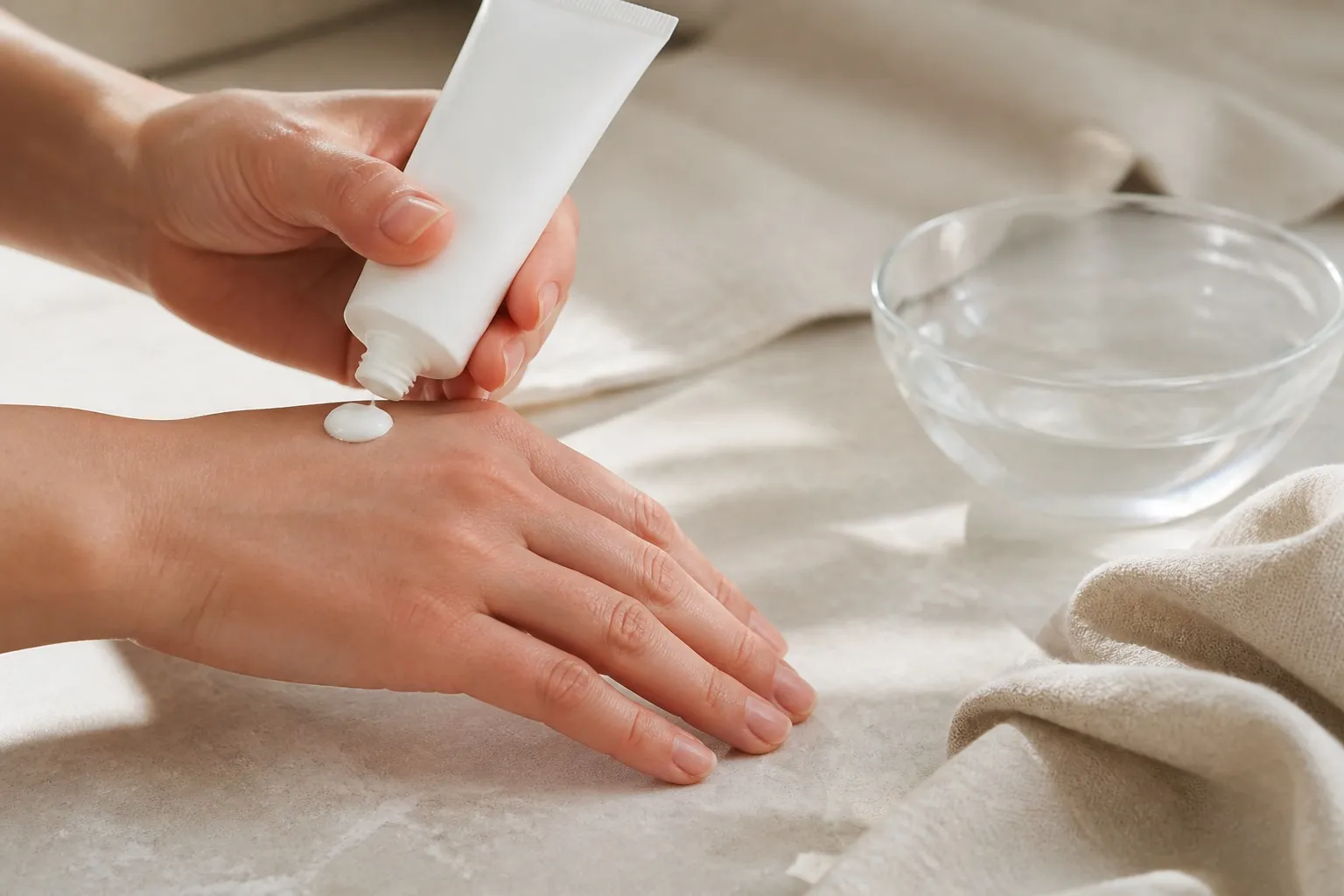 Manos aplicando una pequeña cantidad de crema blanca sobre el dorso de la mano junto a un paño suave.